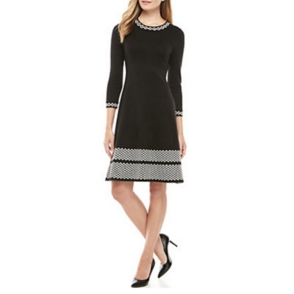 Jessica Howard Black Knit Geometric Trim 3/4 Sleeve Dress Petite Medium  D44
